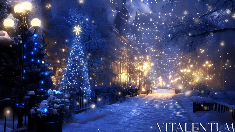 Photorealistic winter avenue with luminous festive lighting.