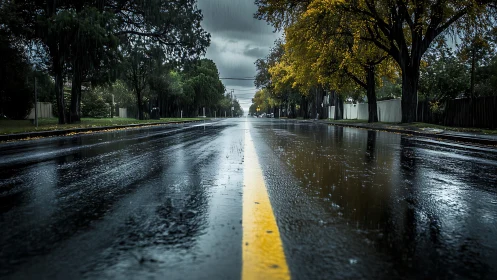 Low-angle wet asphalt street captures reflective rainfall dynamics
