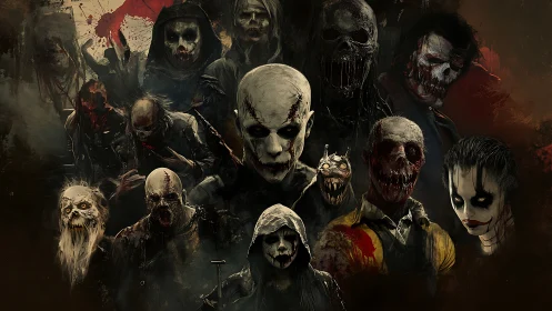 Grotesque horror characters cluster together in dark scene