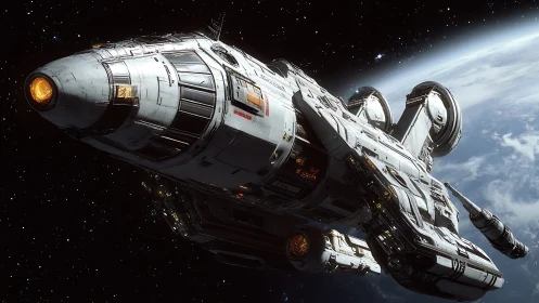 Detailed white starship orbits Earth in deep space scene.