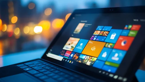 High-contrast angled view of Windows tablet UI under low-light bokeh