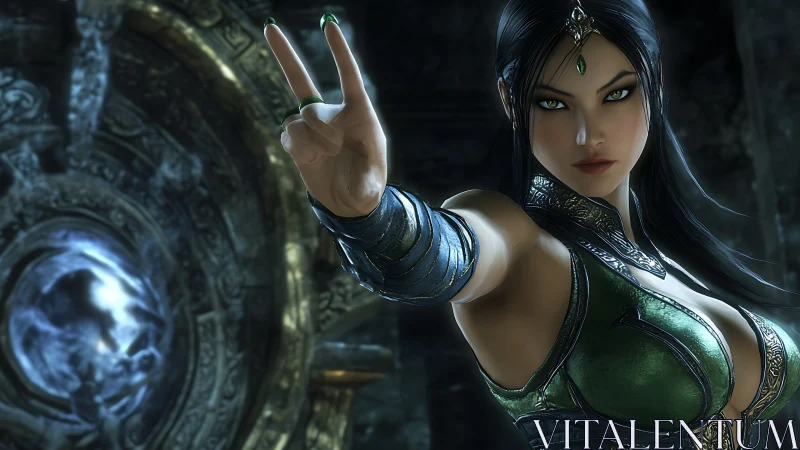 Warrior woman extends hand in gesture before mystical portal