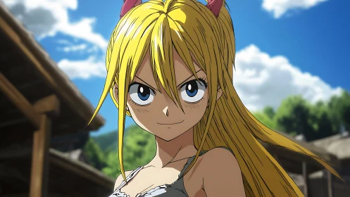 Confident blonde anime heroine smiles under bright summer sky.