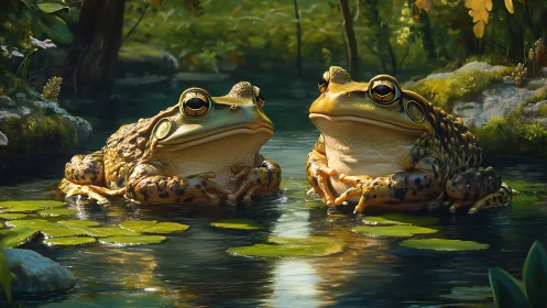 Two large frogs resting in a calm sunlit forest pond.