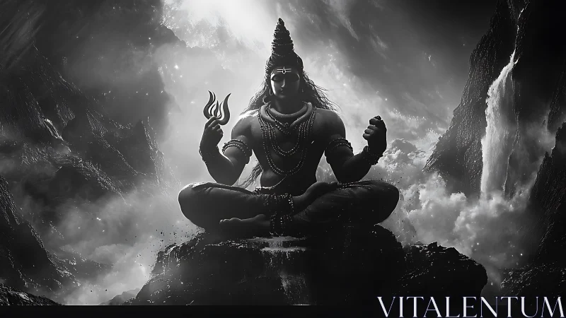 Serene mountain deity in meditative stillness and soft light.