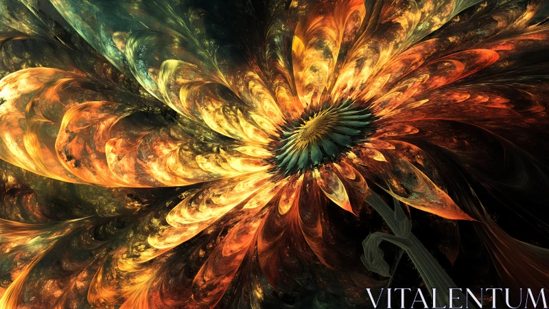 Fractal flower burst in warm orange and green tones.