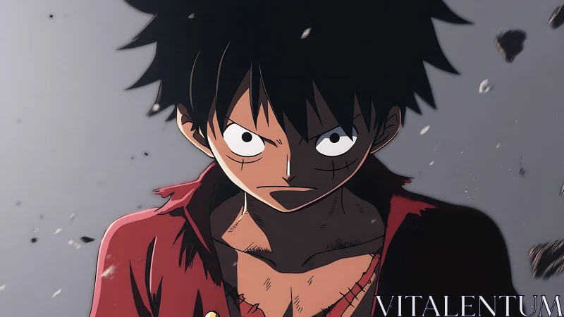 Intense anime hero stands amid drifting debris and shadows.