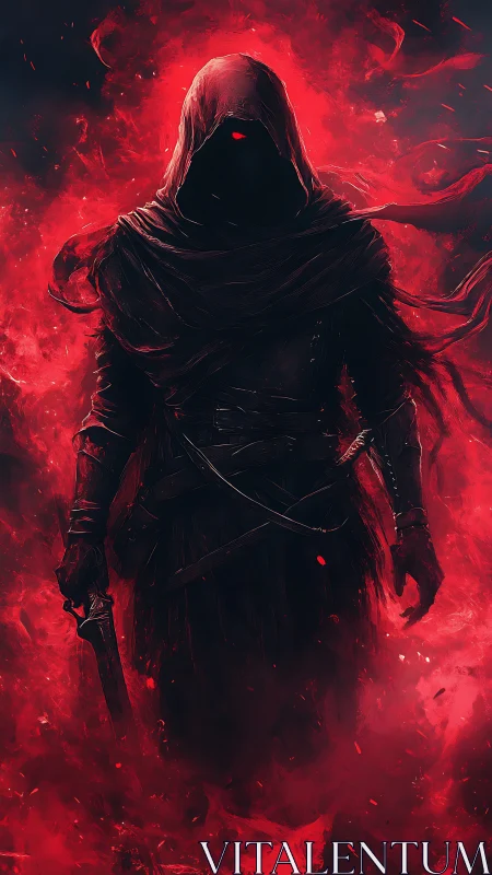 Hooded spectral assassin in crimson particulate vortex field.