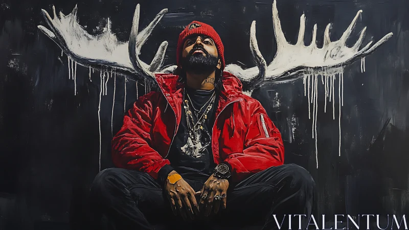 Urban portrait with antler graffiti forming symbolic street halo