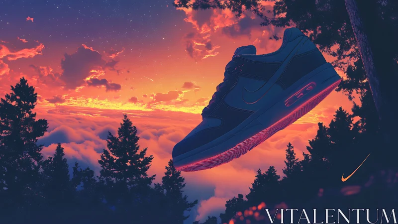 Nike sneaker levitates in neon sunset forest sky scene.