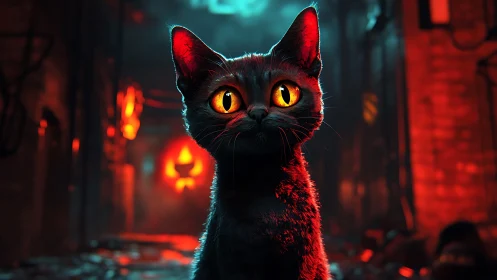 Midnight alley cat with ember eyes in neon Halloween glow.