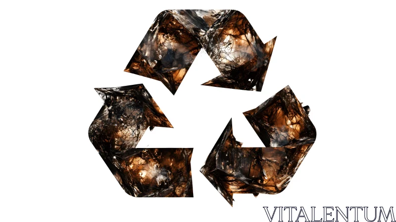 Abstract recycle symbol with dark textured design on white background.