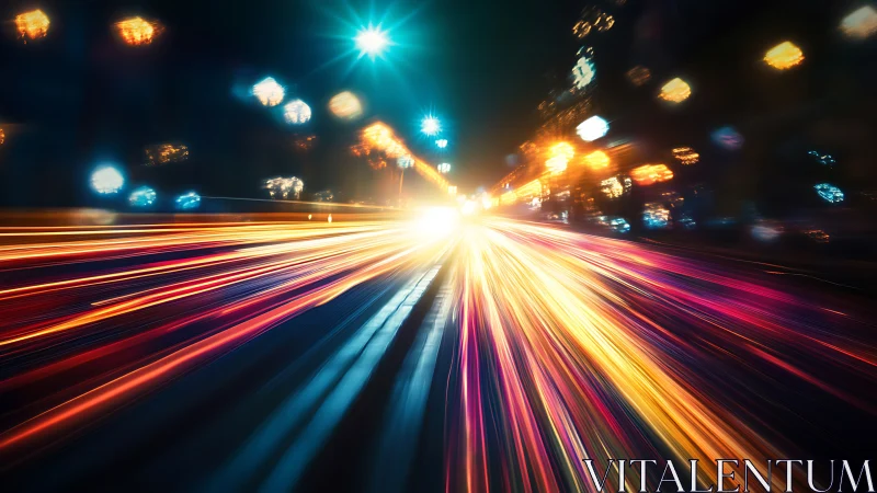 Racing city lights streak forward in a vibrant night rush