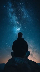 Silhouette meditates under dense Milky Way night sky