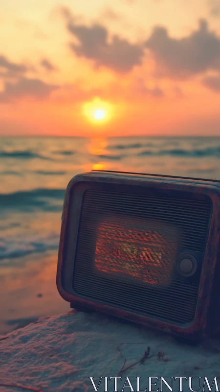 Photorealistic retro radio at shoreline sunset composition.