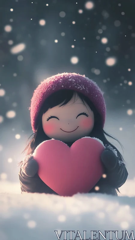 Animated Character Holding Pink Heart in Snow with Bokeh Lighting