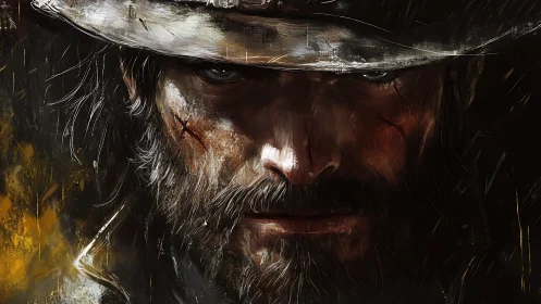 Bearded man in hat is rendered with textured digital strokes