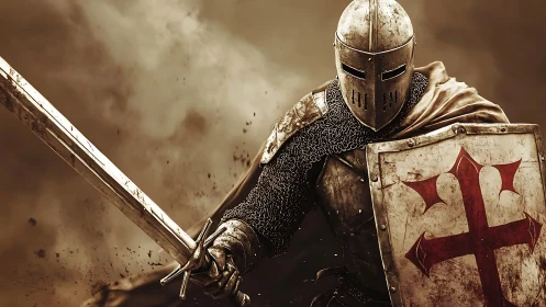 Crusader knight in battered plate armor with sword raised.