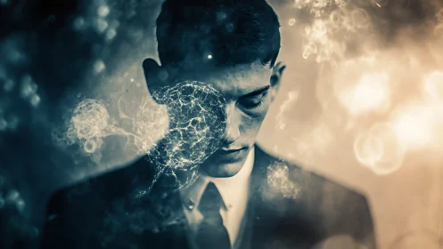 Double-exposed portrait merges neural network light map with man