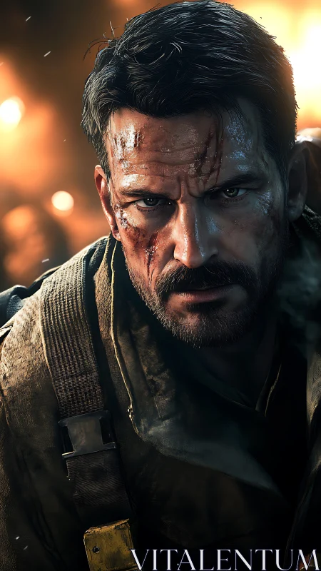 Weathered soldier in firelit battle glow, eyes unbroken.