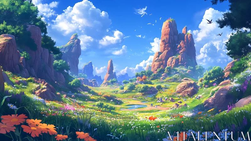 Sunlit spires rise over a wildflower valley dreaming loud