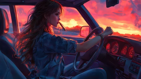 Driver silhouetted in neon sunset interior, cinematic palette