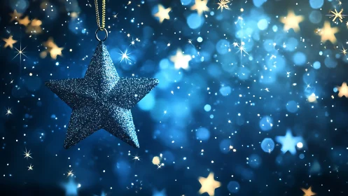Glittering blue star ornament amid dreamy festive bokeh.