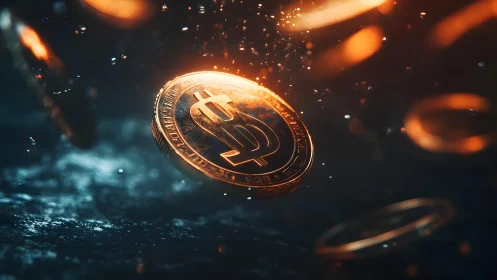Shiny Gold Cryptocurrency Coin Floating in Dark Digital Space.