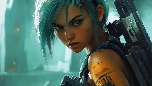 Cyan‑haired cyberpunk soldier glares with futuristic rifle poised.