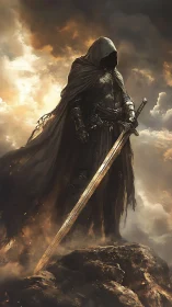 Hooded shadow knight with greatsword in burning stormscape.