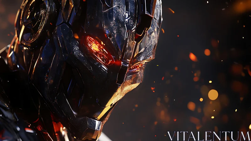 Metallic robot head with glowing red eyes in burning sparks