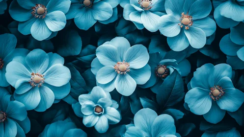 Monochromatic Cyan Floral Composition: Densely Clustered Five-Petaled Flowers.