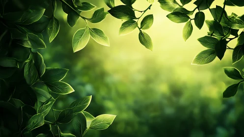 Sunlit green canopy framing soft bokeh forest glow.