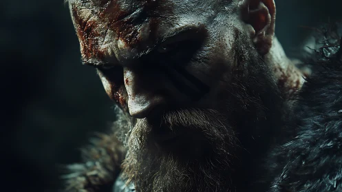 War-torn berserker close-up under harsh cinematic light.
