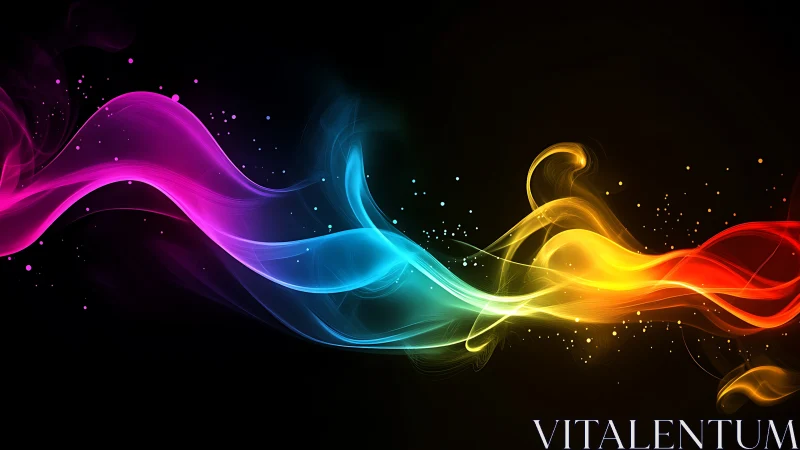 Multicolored light wave ribbons on dark background digital art.