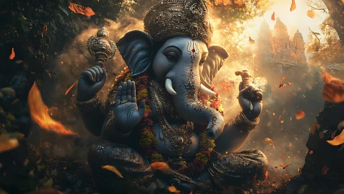 Elephant-headed deity glows in autumn-lit forest sanctuary.