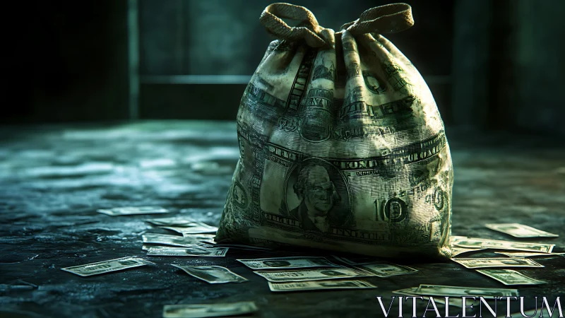Money bag sits on worn floor with scattered dollar bills