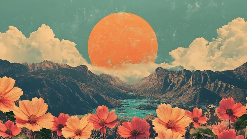 Surreal floral valley under oversized orange sun.