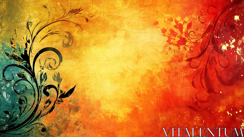 Floral scrollwork silhouette on warm textured gradient field.