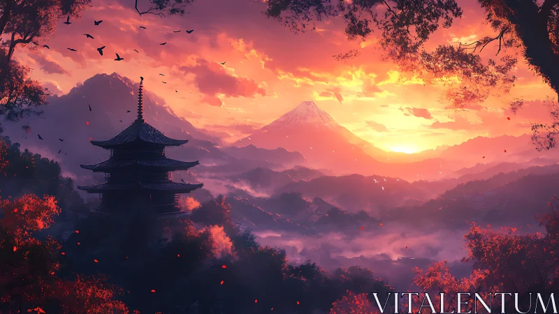 Sunset pagoda dreaming beneath ember painted mountains.