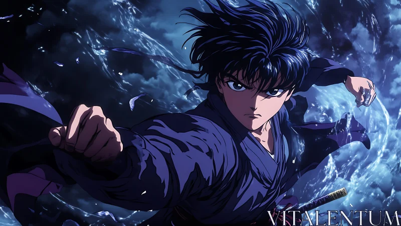 Dynamic anime swordsman executes frontal punch with storm effects