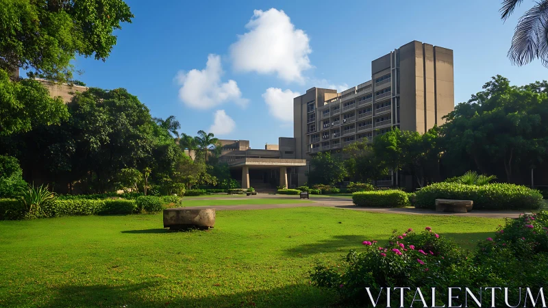 Sunny campus garden embracing a modern academic building.