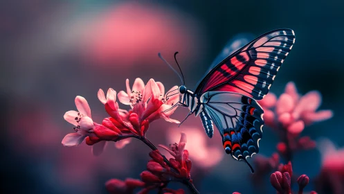 Neon dusk butterfly sipping secrets from coral blossoms.