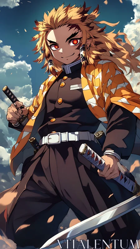 Skyward swordsman grins while twin blades taste the wind