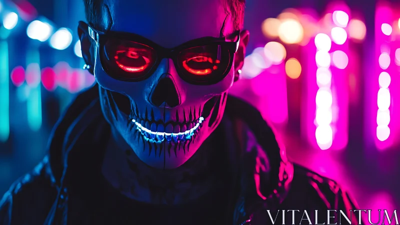 Neon skull-masked figure walks through glowing cyberpunk alley.