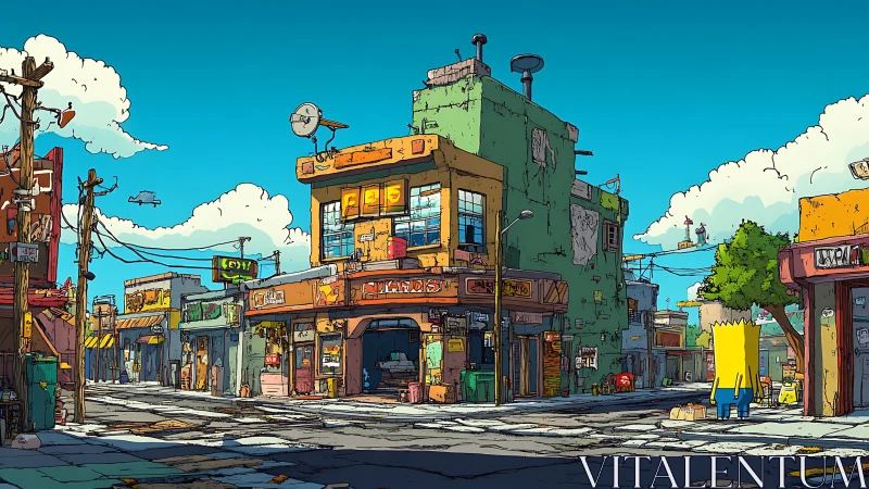 Cell-shaded urban street with weathered low-rise shops in sunlight