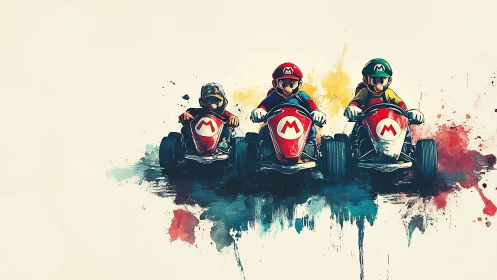 Kart racers charge through bold watercolor splashes.