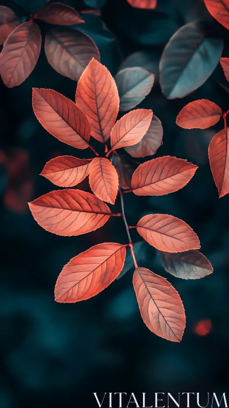 Shallow-depth macro of orange-tinted compound leaves on teal bokeh