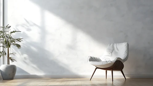 Sunlit minimal lounge chair with botanical shadow dynamics.