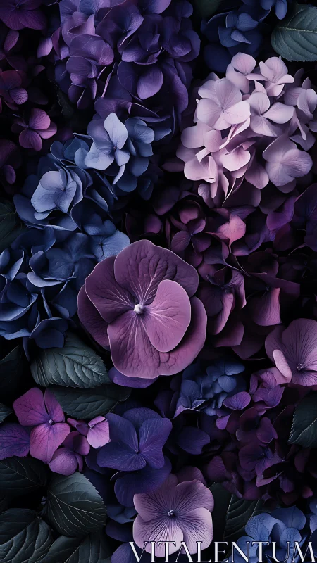 Layered Hydrangea Blooms with Tonal Gradations in Deep Purples and Blues